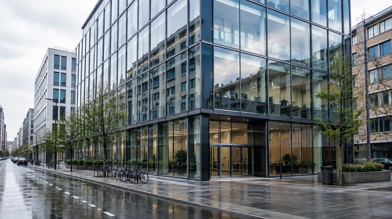 Kontorbygg i glass med solfilm sett fra gaten
